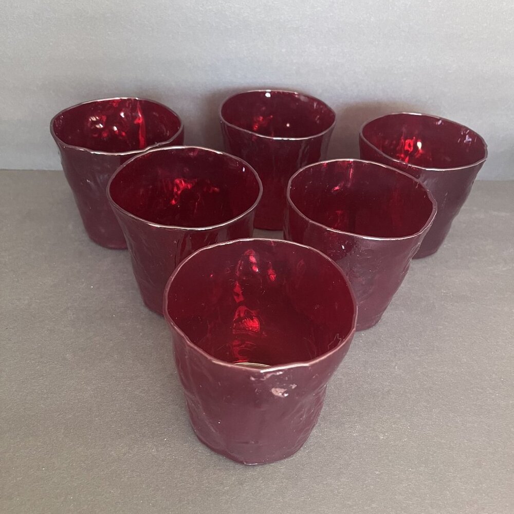 Vintage Morgantown Crinkle Ruby Old Fashion Cocktail Glasses Set Of 6 MCM 10 Oz